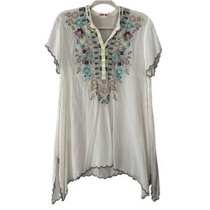 JOHNNY WAS tunic top, asymmetrical hemline,multicolored embroidered floral. Sz M
